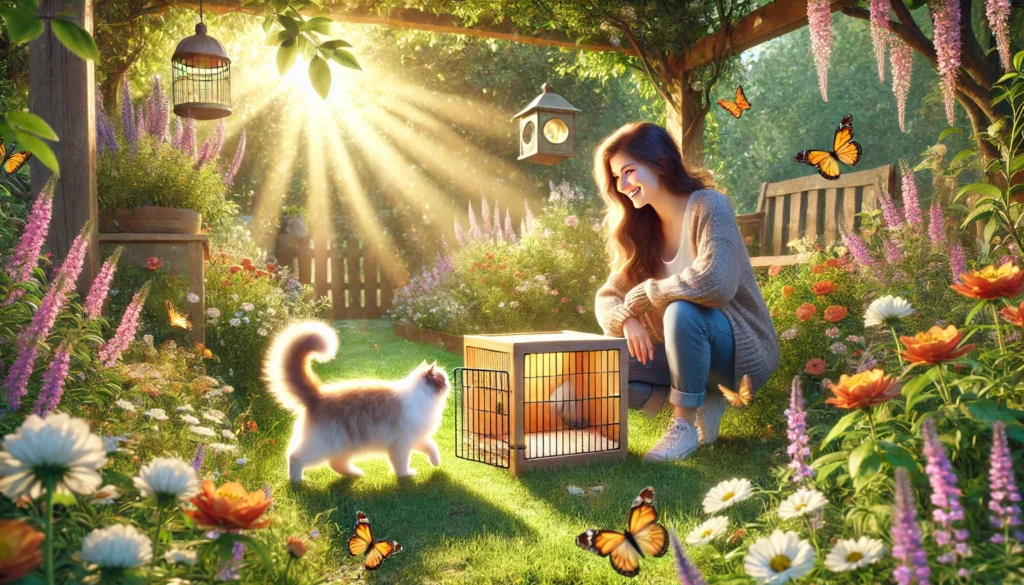 Cat entering garden cat enclosure as woman watches.