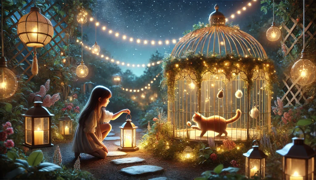 Cat plays in glowing enclosure at night under fairy lights.