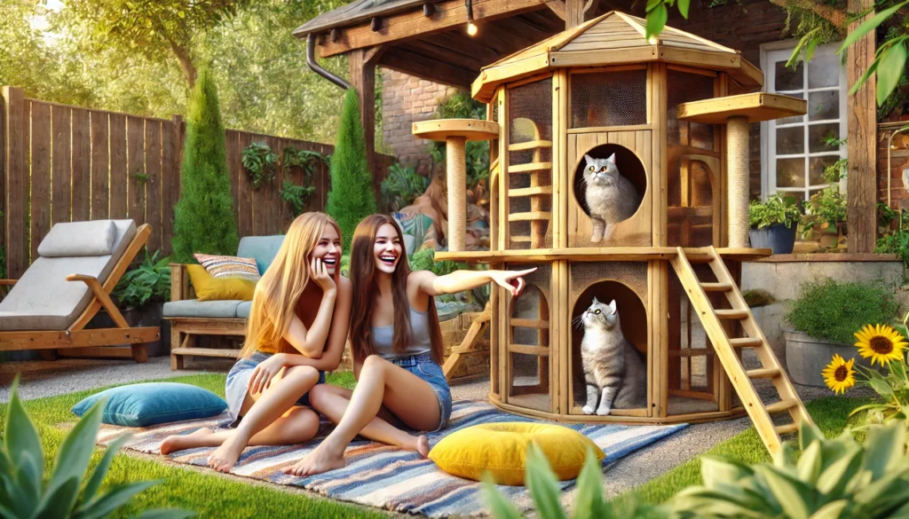 Friends watching cat play in enclosure during backyard picnic.