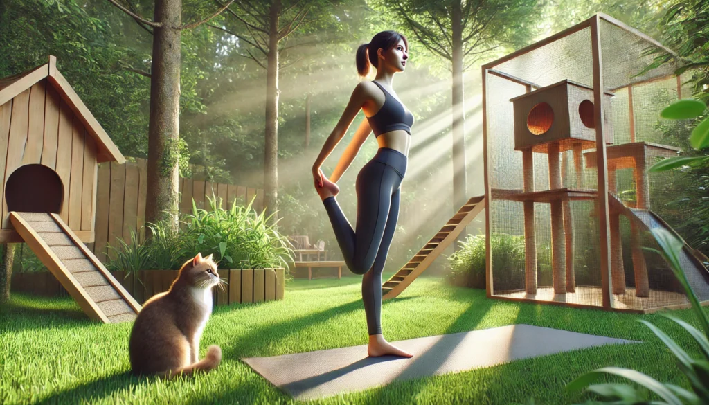 Girl doing yoga while cat watches from enclosure