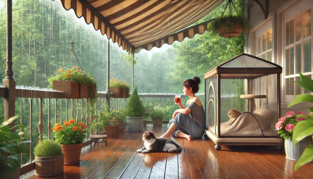 Girl enjoying rain while cat relaxes in covered enclosure.
