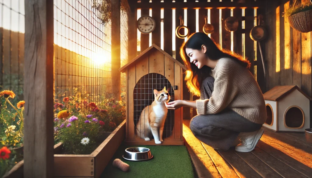 Girl feeding cat in outdoor enclosure at sunset.