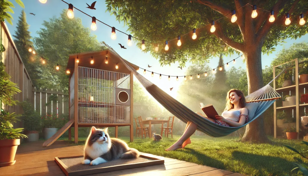 Girl reading while cat relaxes in shaded enclosure.