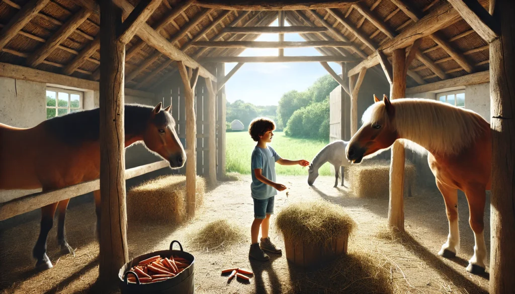 Handsome boy feeding hay and carrots to his horses in an open shelter.