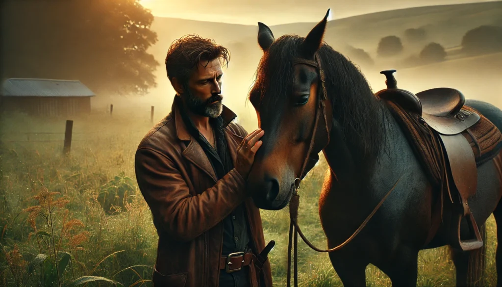 Handsome man grooming his horse in a serene, foggy pasture at dawn.