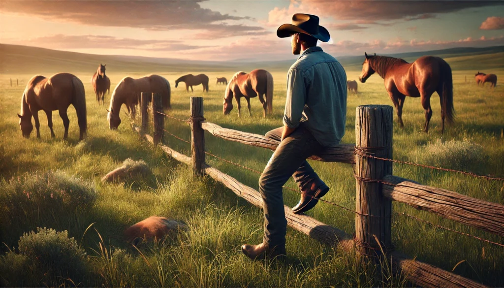 Handsome man resting on a fence, watching his horses graze in a peaceful field.
