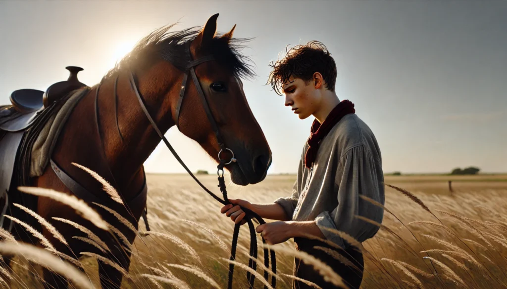 Horse lover boy caring for an overheated, dehydrated horse in summer heat.