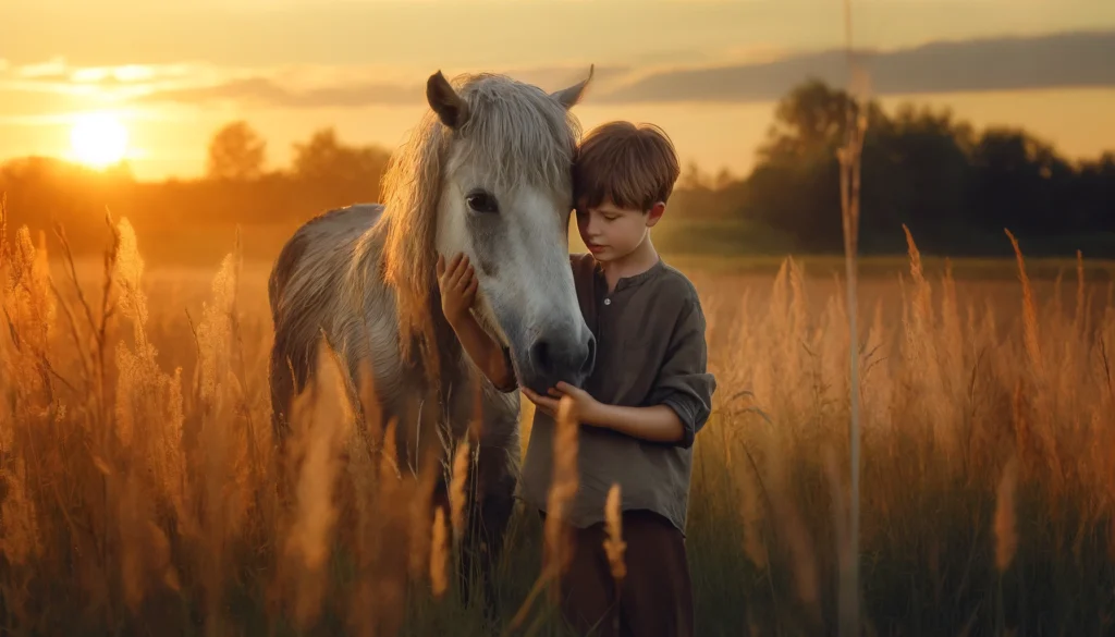 Horse lover boy comforting his old, sick horse in a warm sunset field.