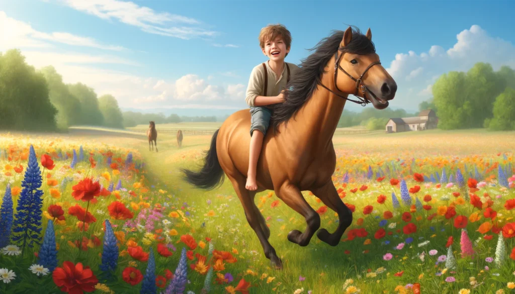 Horse lover boy riding his horse through a vibrant, flowering meadow.