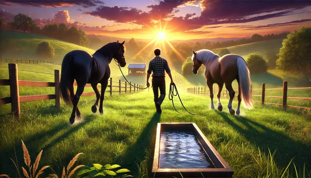 Horse lover boy walking his horses to drink water in a sunset-lit green pasture.