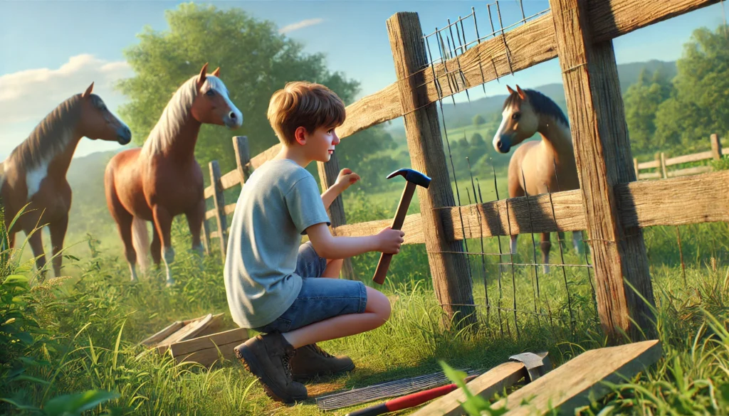 Horse lover repairing a fence to keep his horses safe in the field.