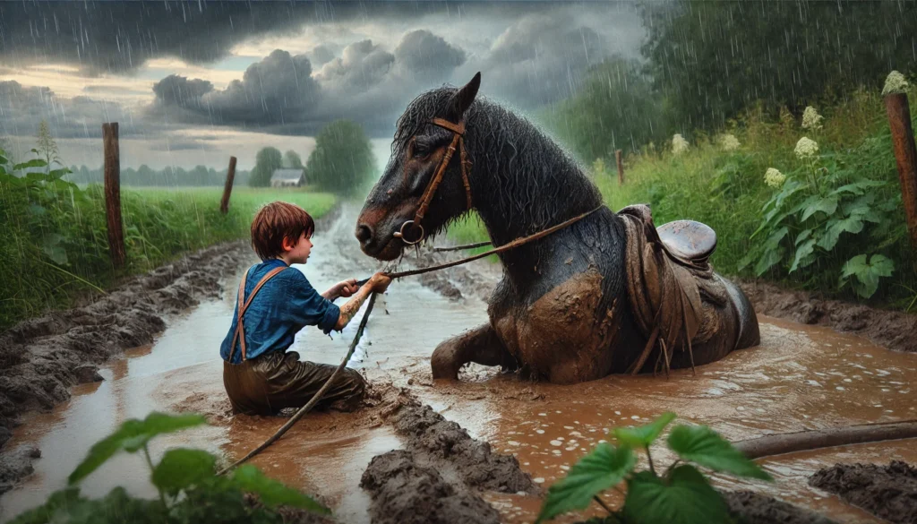 Horse lover rescuing his horse from a muddy spot in the field.