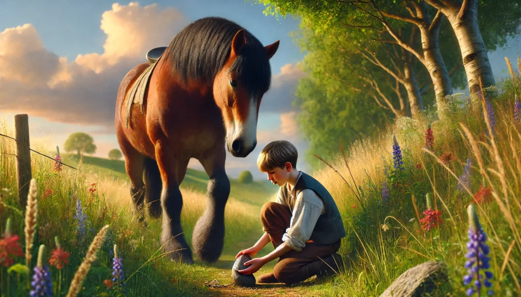 Horse lover tending to an injured horse hoof in a lush countryside setting.
