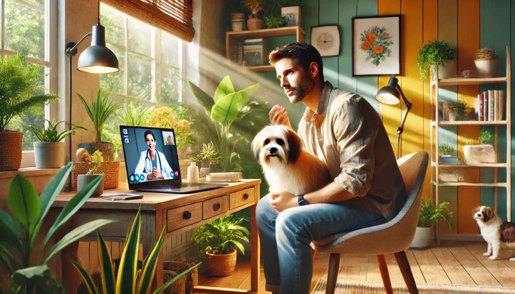 Man consulting vet online about Dog allergy symptoms while holding dog.
