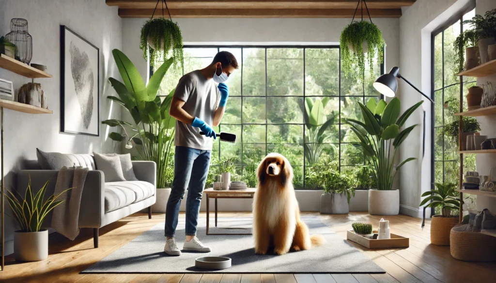 Man grooming his dog with a mask on in a bright living room.