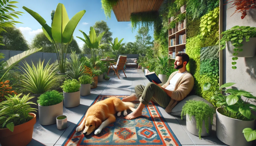 Man relaxing with his dog on a vibrant patio surrounded by plants.