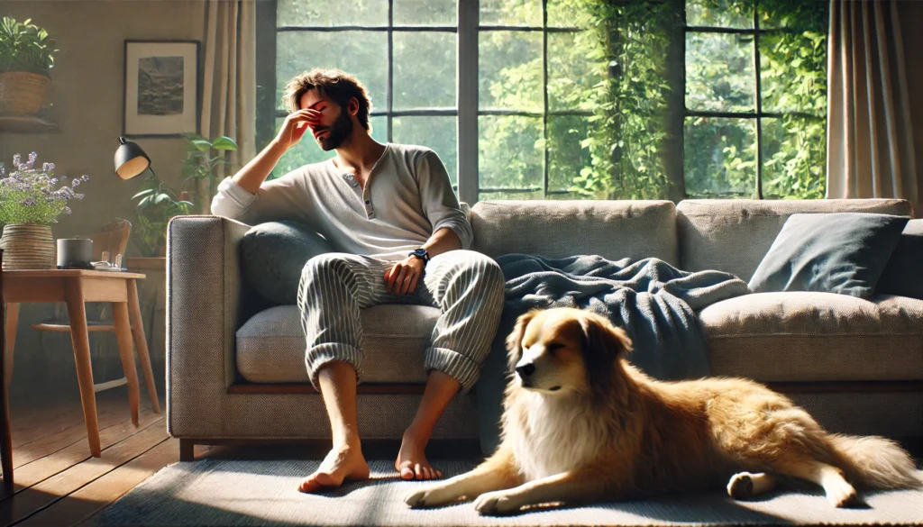 Man in tension over dog allergy symptoms.