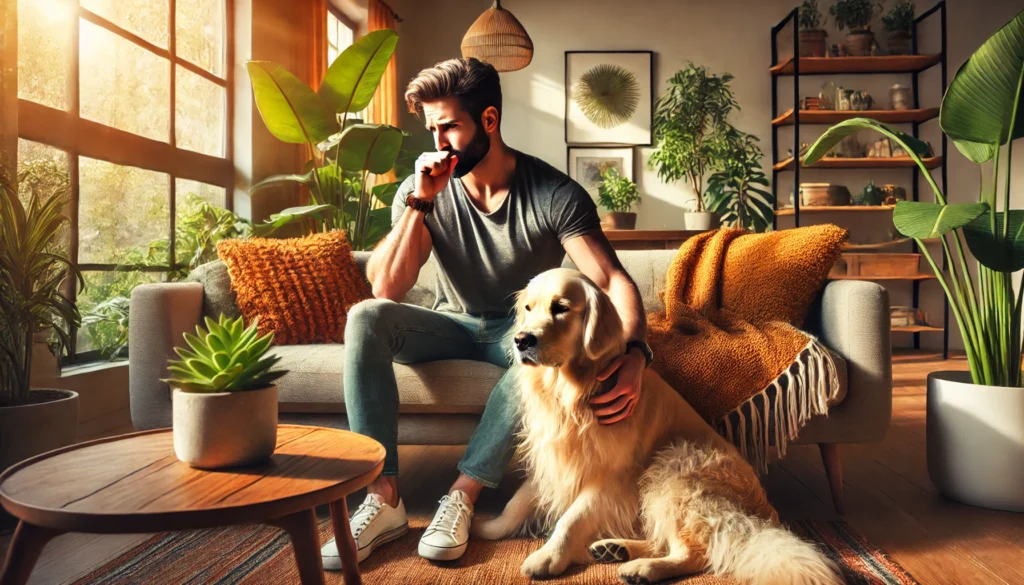 Man sneezing while petting his dog in a cozy, sunlit living room.