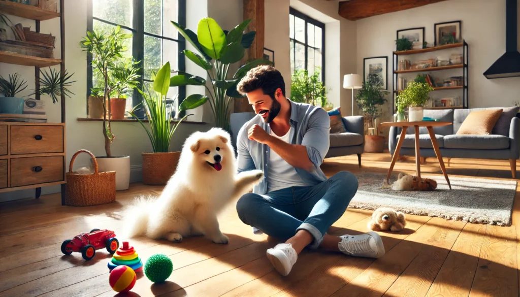 Man sneezing while playing with his dog on a colorful, plant-filled living room floor.
