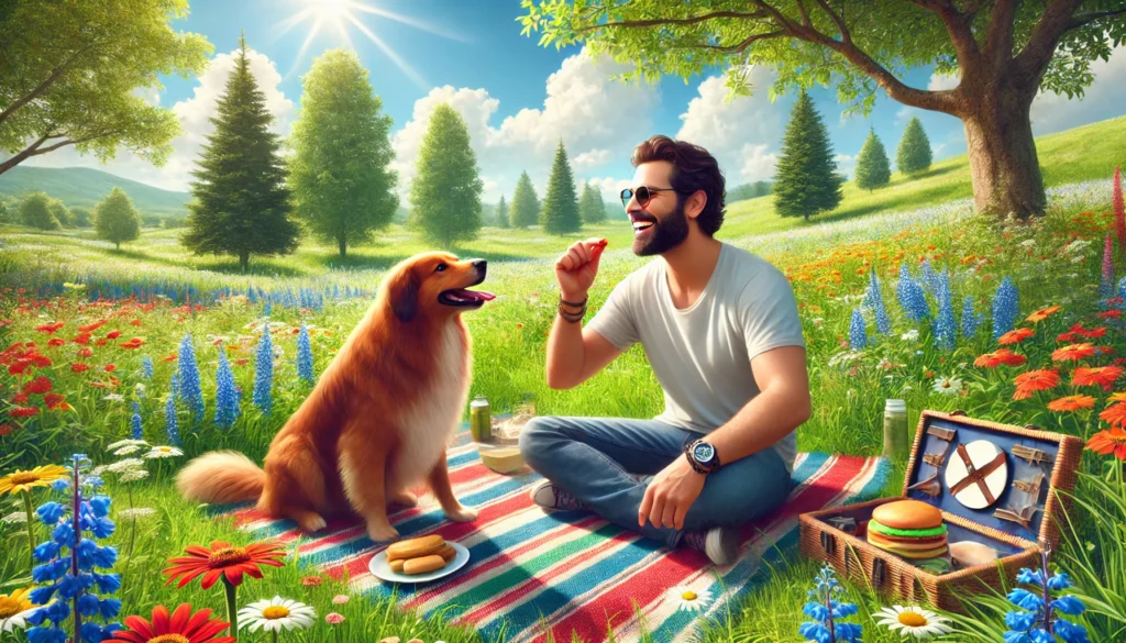 Man sneezing while sharing a picnic with his dog in a grassy field.