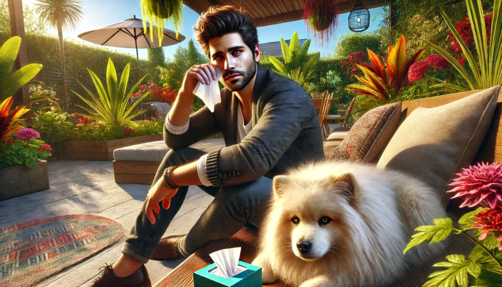 Man with watery eyes cuddling his dog on a vibrant backyard patio.