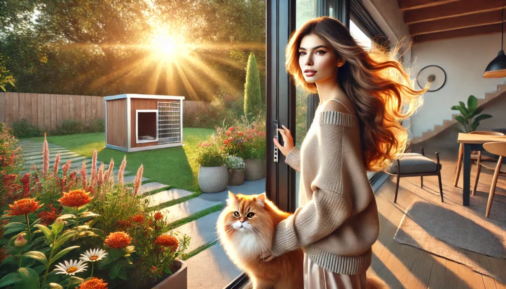 Woman and cat enjoying morning sunlight near outdoor cat enclosure.