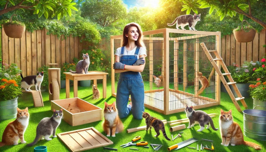 Woman building a wooden cat enclosure in backyard.