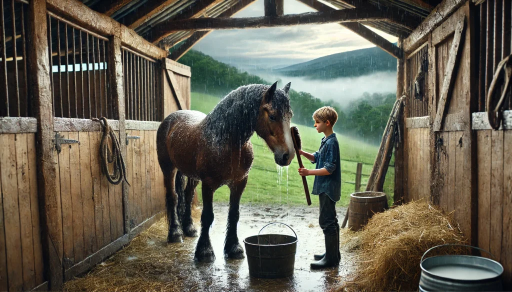 Young horse lover grooming his muddy horse in a stable after rain