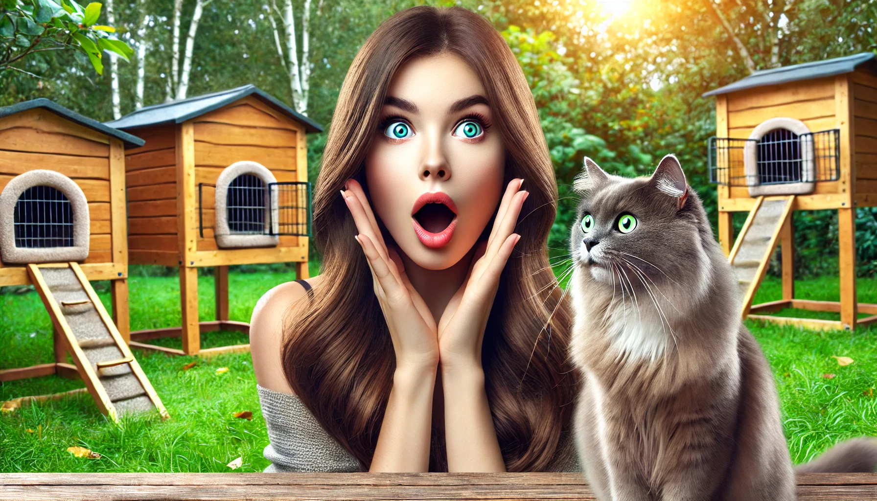 cat and a girl gives shocking reaction after seeing Outdoor Cat Enclosures