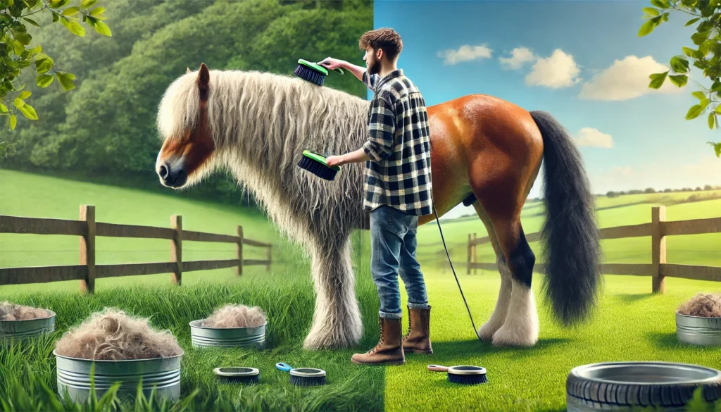 Before and after horse grooming during shedding season.