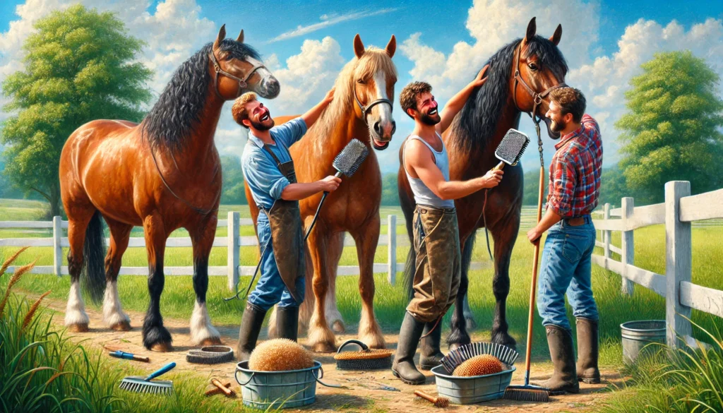 Group of men grooming horses together in pasture.