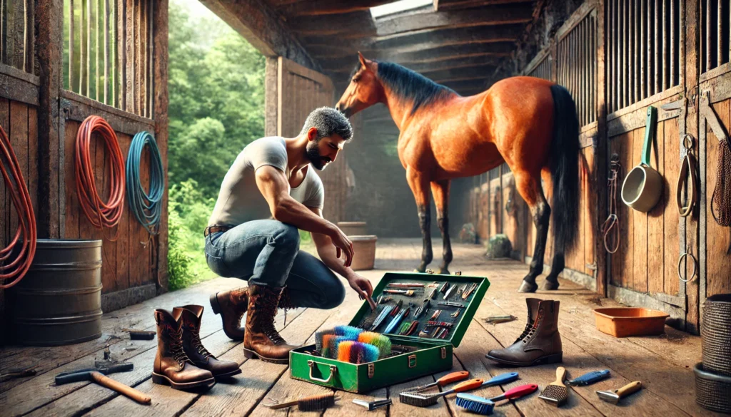 horse grooming tools displayed by man near stable.