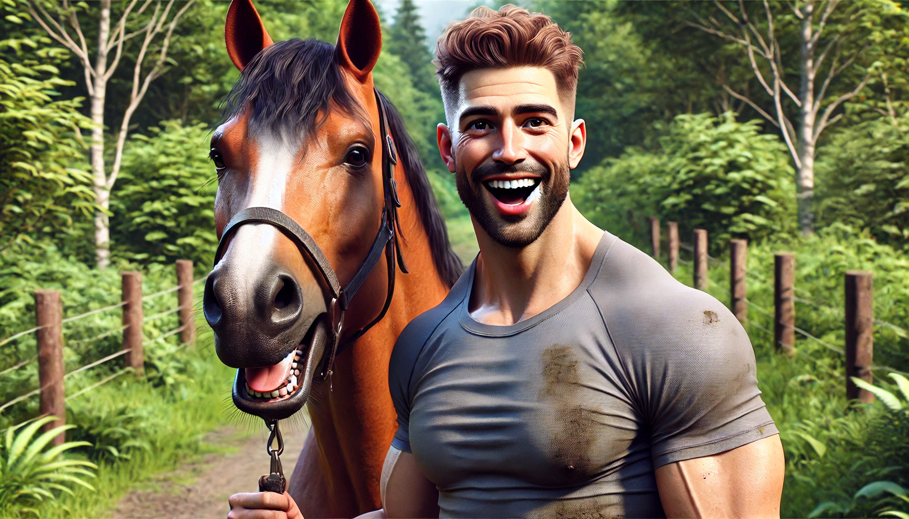 Man and horse smiling in surprise amid greenery.
