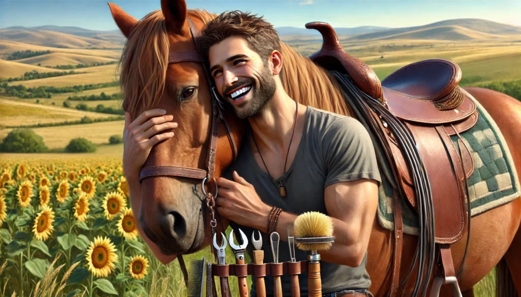 Man bonding with horse in green hills with tools.