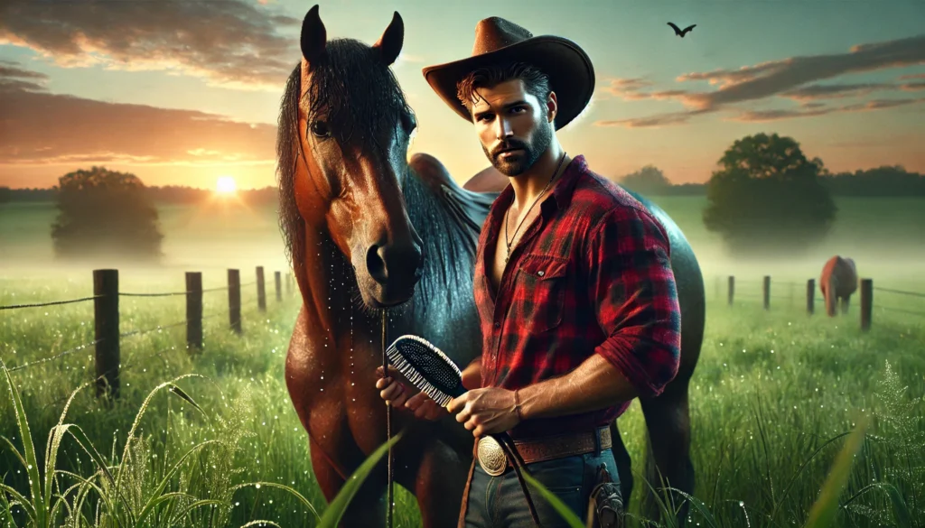 Man grooming horse at sunrise with curry comb in green field.