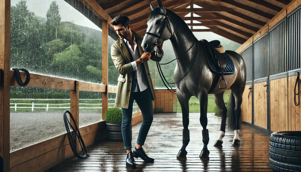 Man grooming horse under cover on rainy day.