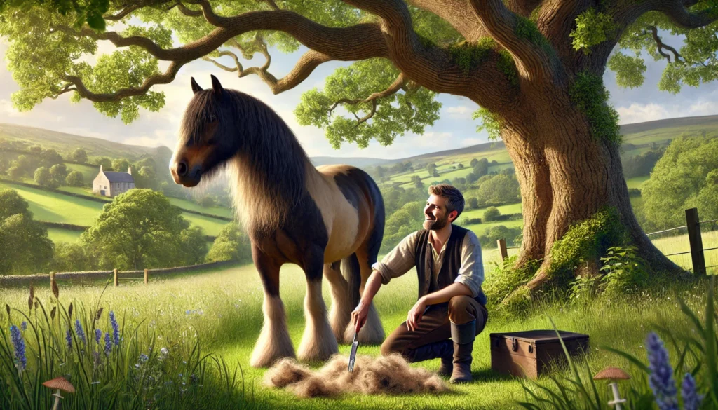 Man removing shedding hair under tree in green meadow.