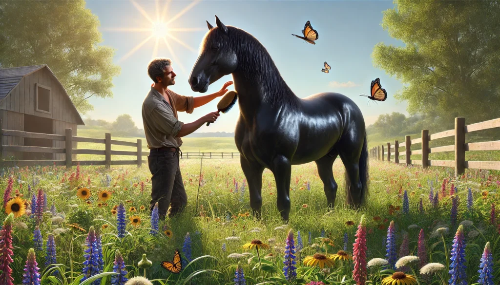 Man using soft brush on horse in blooming pasture.