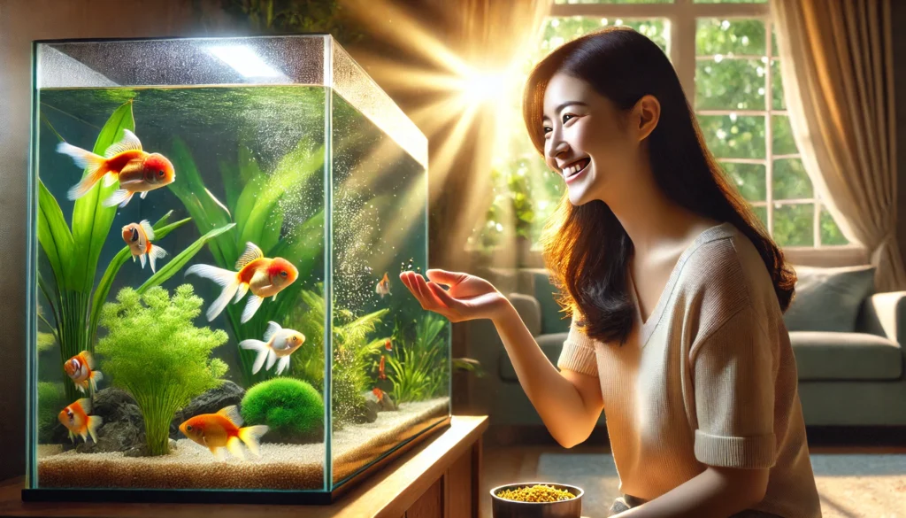 Woman feeding fish in a bright, colorful freshwater aquarium.