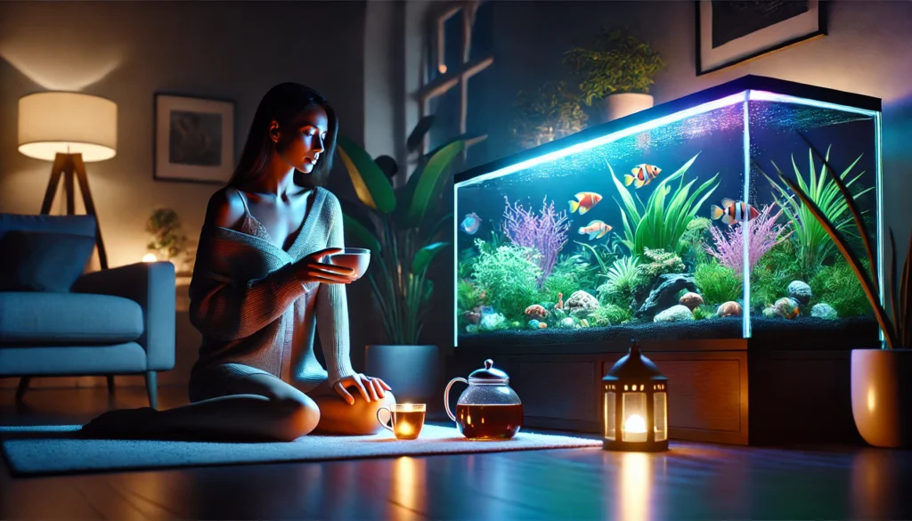 Woman relaxing and watching her glowing aquarium at night.
