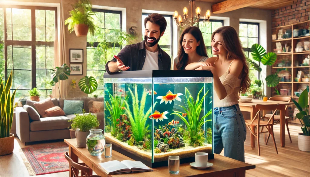 Woman showing her freshwater aquarium to friends at home.