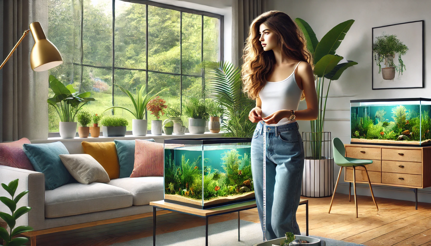 Young woman choosing a spot for her home aquarium in a sunlit room.