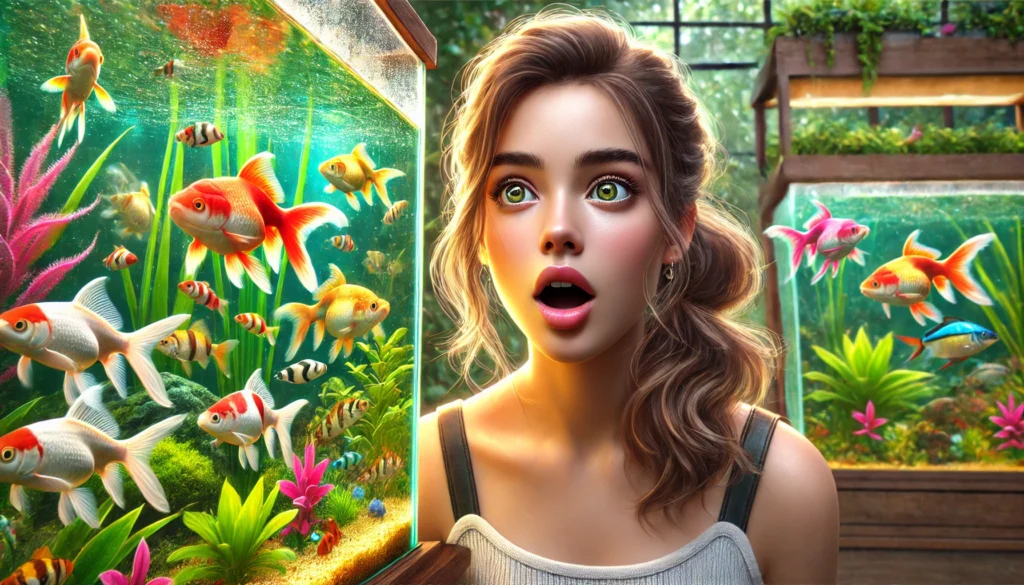 a girl with expressive eyes and long hair, standing in front of a vibrant freshwater aquarium setup.