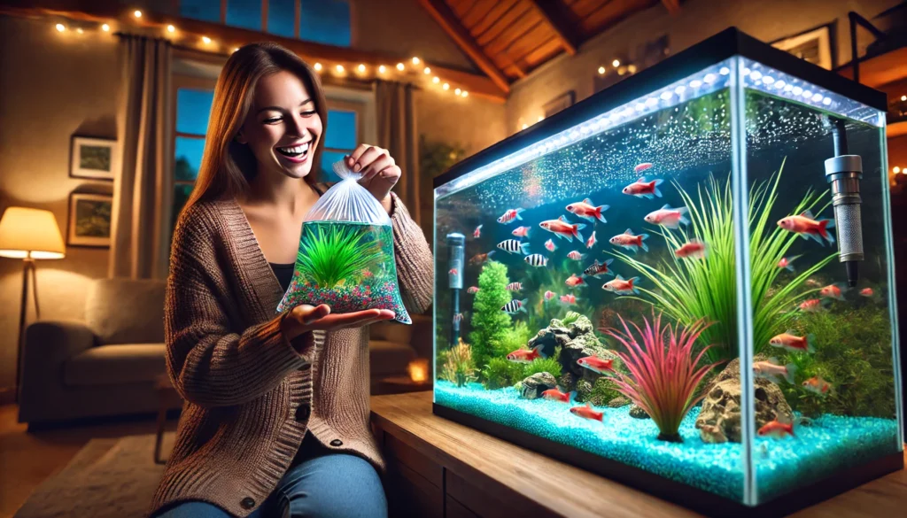 a joyful woman introducing fish into her fully set up aquarium.