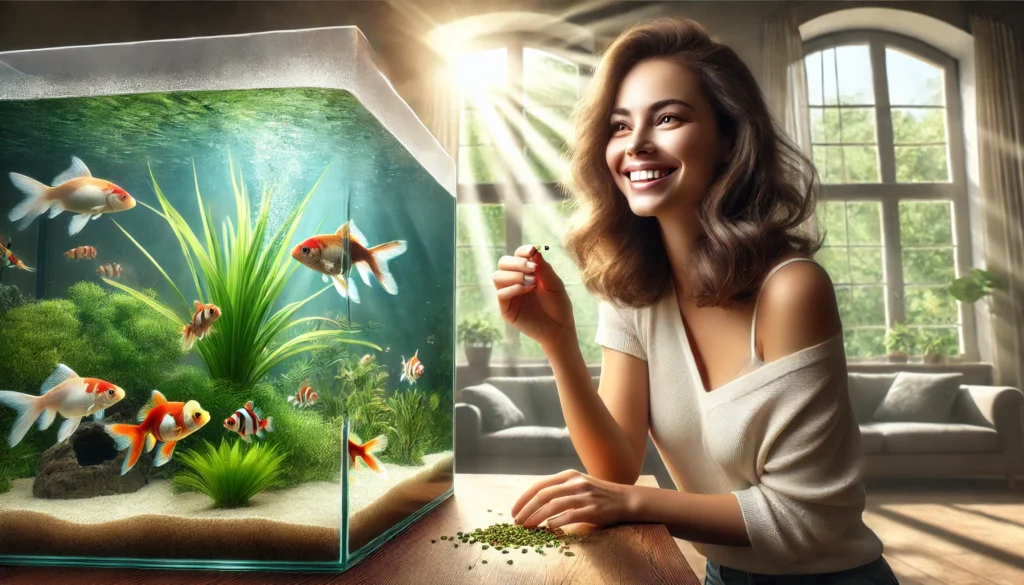 a woman feeding her fish with a pinch of food, smiling warmly.