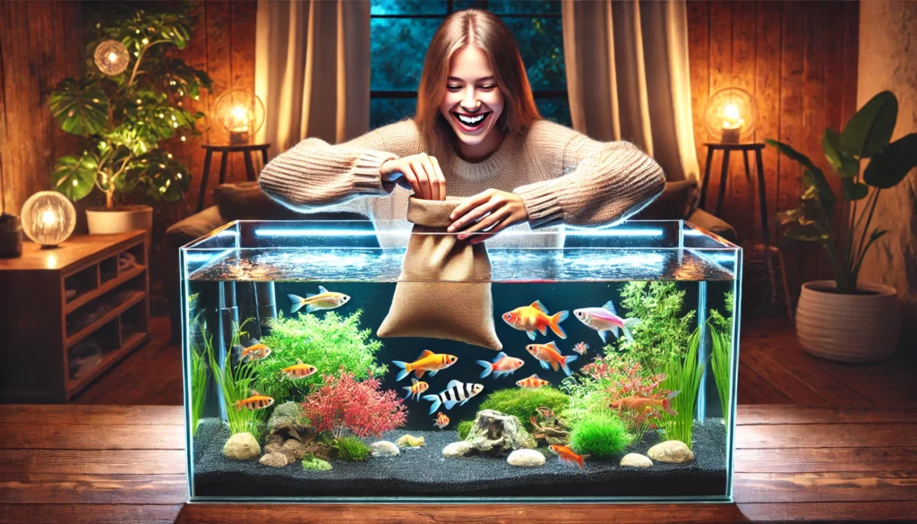 the joyful woman introducing fish into her fully set up aquarium.
