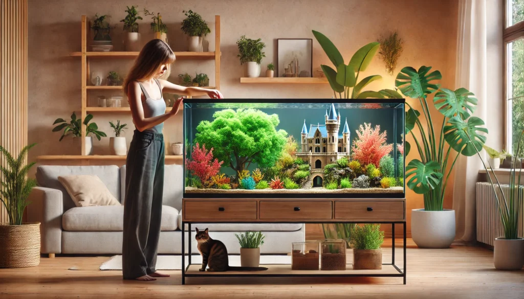 the woman decorating the aquarium, with her curious cat watching from the couch.